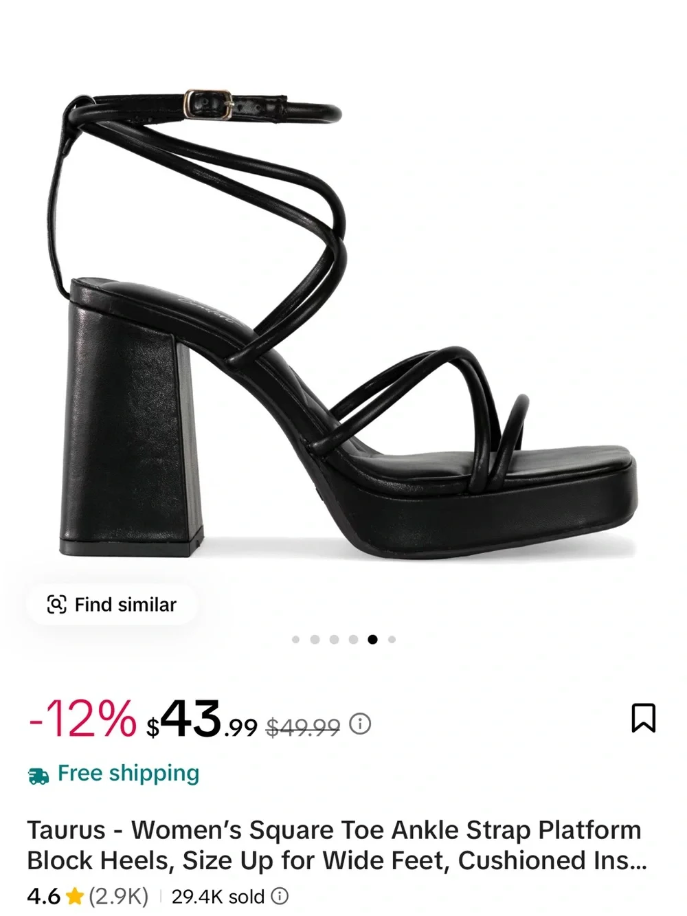 Women's Black Square Toe Ankle Strap Platform Block Heels